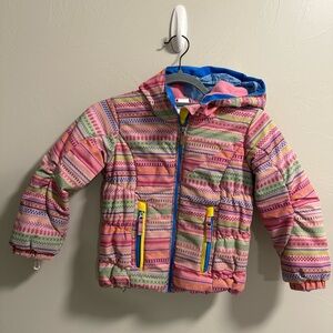 Obermeyer Girls Colorful Stripe Geometric Pink Heavy Winter Coat Ski Jacket Hood